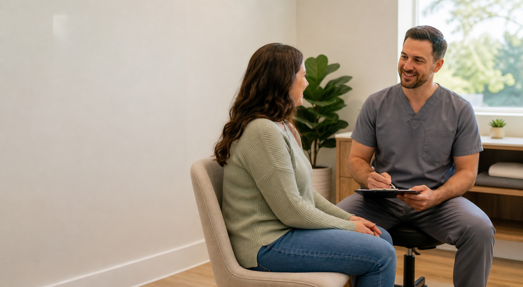 A patient and chiropractor talking during a consultation
